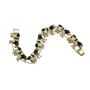 Vintage Enameled Holstein Dairy Cow Charm Slide Bracelet GOLD Black White Milk